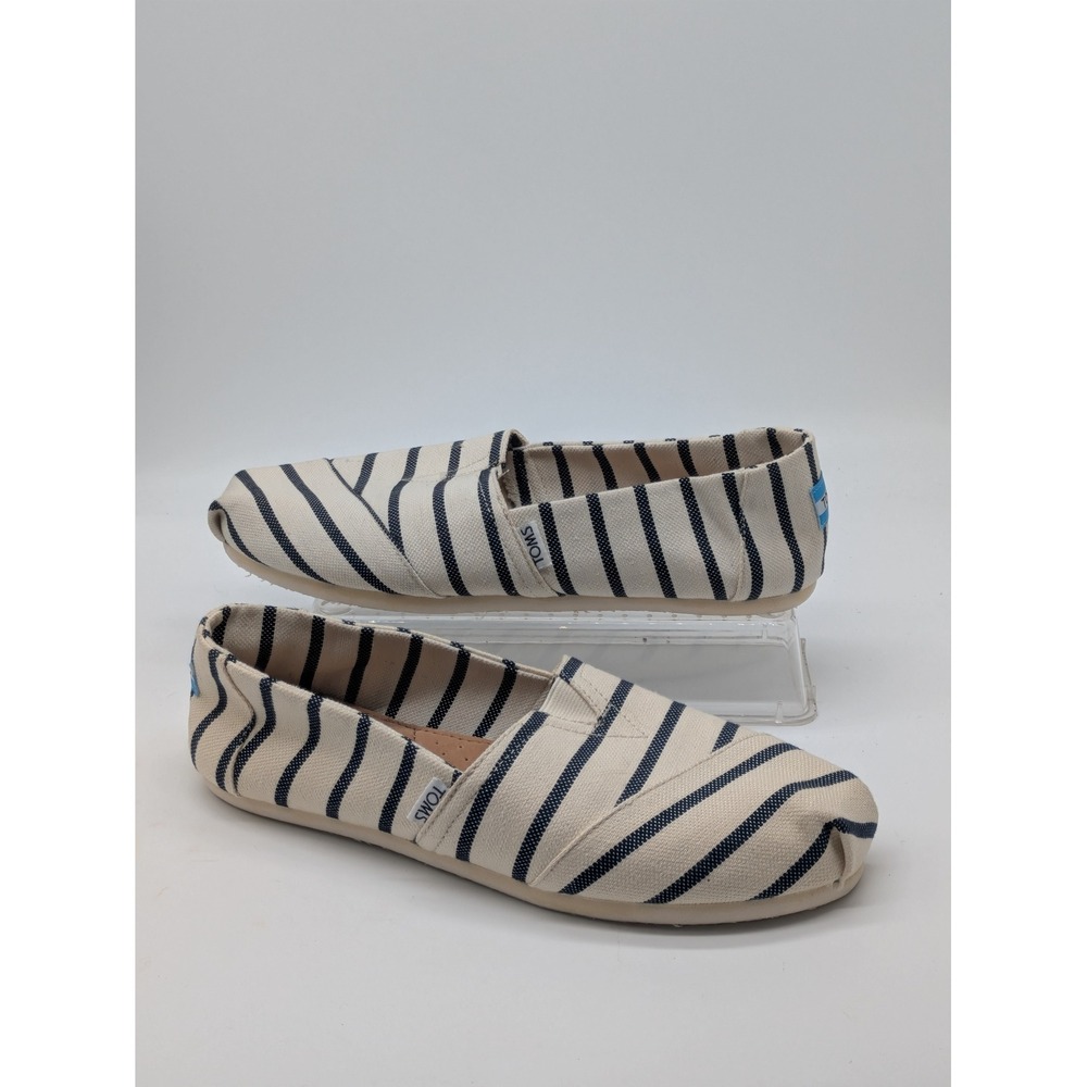 TOMS Women's Size 9 Navy Cream Stripe Canvas Alpargata Slip On Flats Nautical